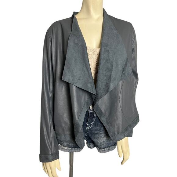 Faux Leather Long Sleeve Open Front Jacket Gray Casual Streetwear Pleather Retro - Picture 1 of 7